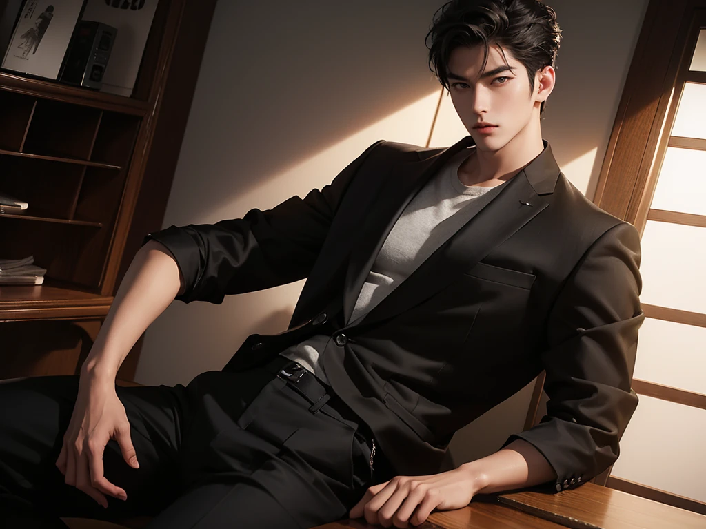 Cinematic Photo of a handsome japanese men 25-30 y.o fashion model, medium black hair. He is now ready for the fashion show