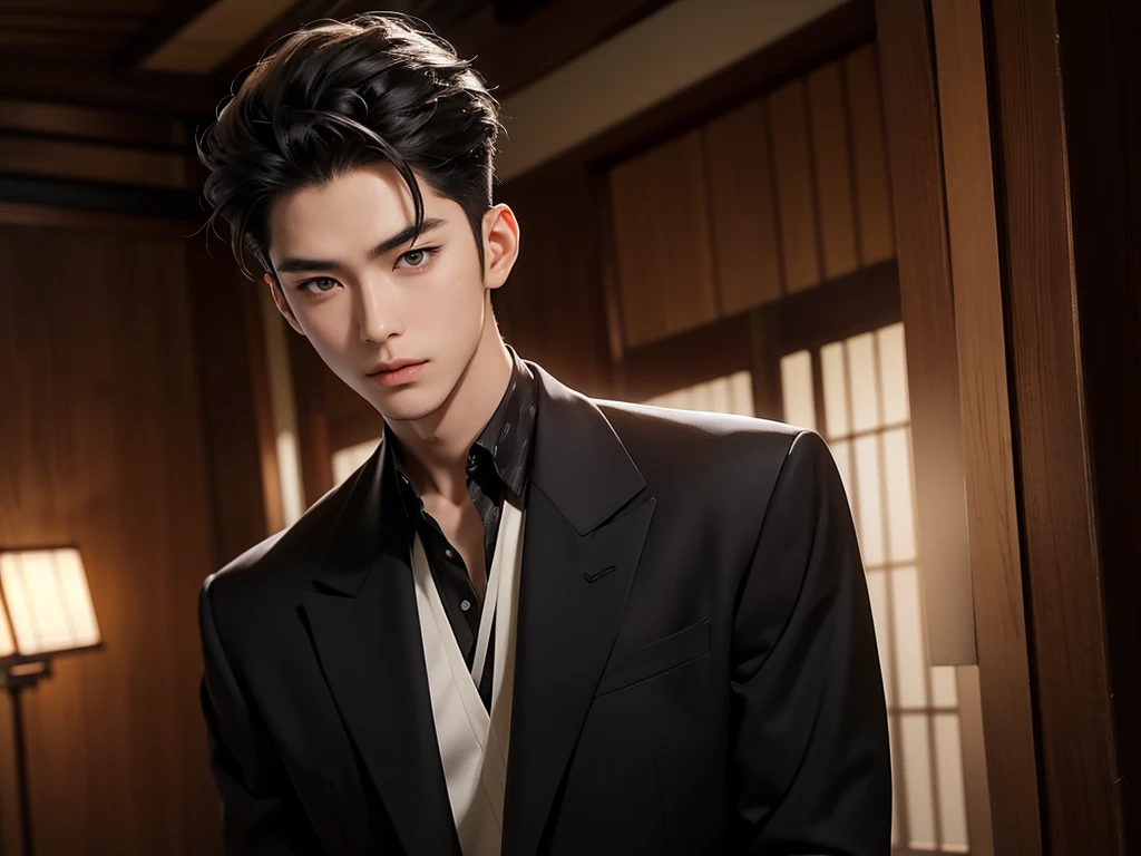 Cinematic Photo of a handsome japanese men 25-30 y.o fashion model, medium black hair. He is now ready for the fashion show