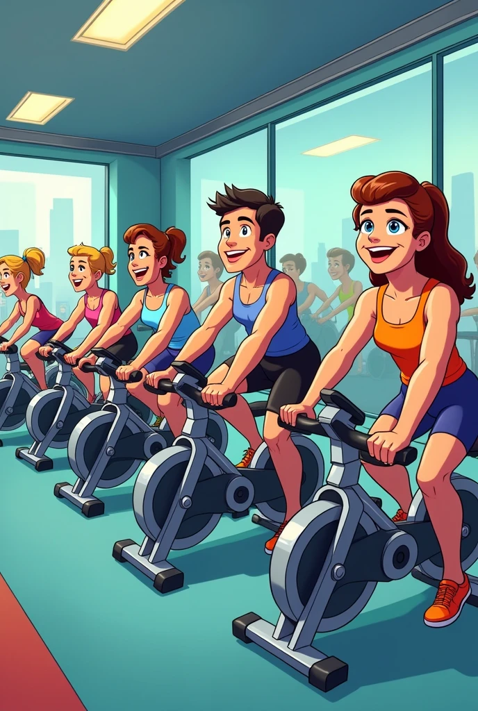 Cartoon Style，Official illustrations，Pictures inspired by Naohisa Inoue，there are many people on exercise bikes in a 健身房，background a gym, hedonic treadmill, healthy, Plenty of light, Natural soft lighting,