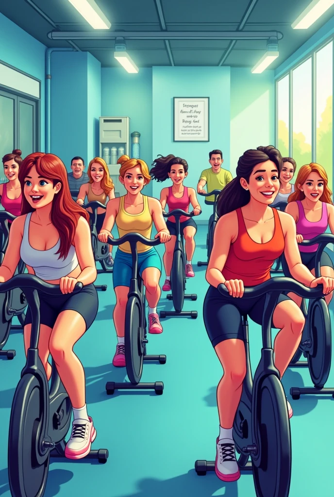 Cartoon Style,there are many people on exercise bikes in a 健身房