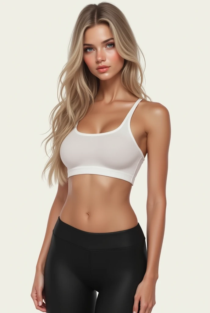 Belle fille de 20 ans, realistic, long hair, blond clair, blue eye, smooth hair, très realistic, legging ????, débardeur blanc, pieds nus, good shape, (sur fond png)