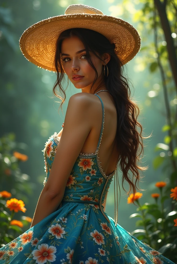 super sharp super detailed, hyper detailed face and eyes a very beautiful and sexiest woman wearing a cowboy outfit in a sheer dress with a colorful ocean scene posing in the garden of Eden, the woman with the sexy fantasy dress with a deadly charming smile, , the sexiest dress is full of colorful ocean scene, focus realistic faces with smile attractive as godness, the background is a masterpiece, super sharp, super detailed, UHD, 18K