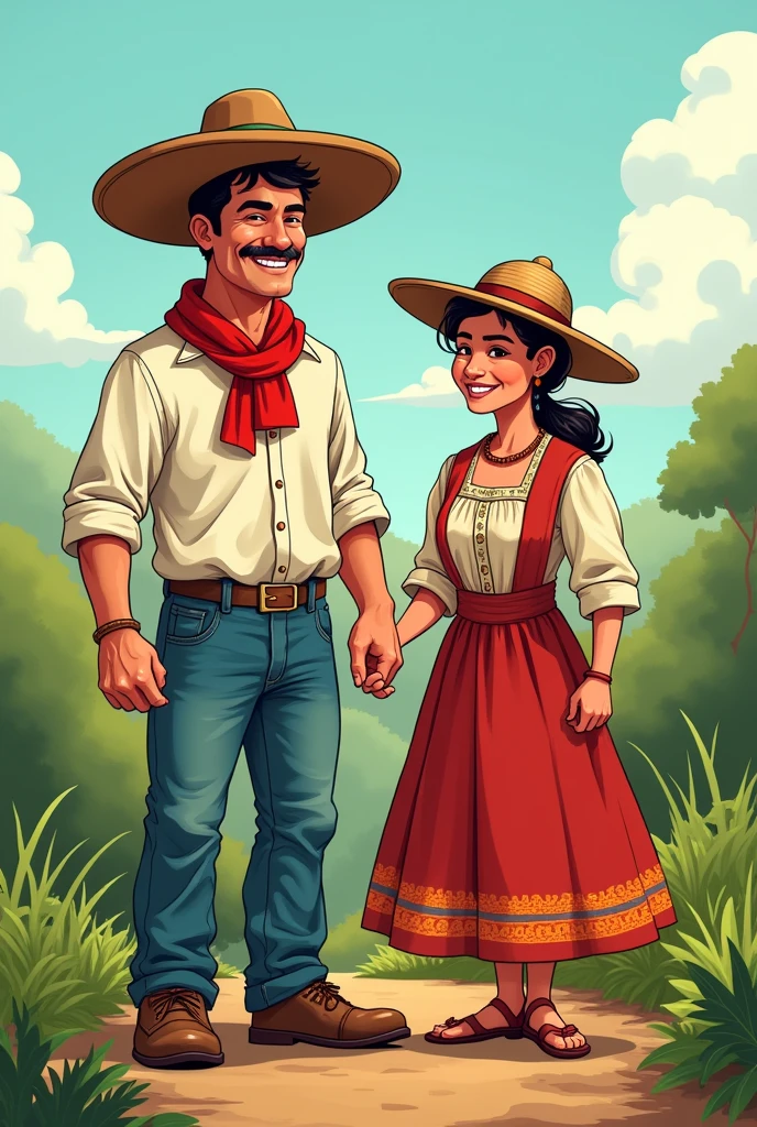 Cartoon of a Chiriquí farmer from Panama, with jean pants folded at the waist, will cure, White long sleeve shirt with rolled up sleeves, red scarf around his neck and his typical Panama hat, along with a peasant woman in her typical Chiriquí costume