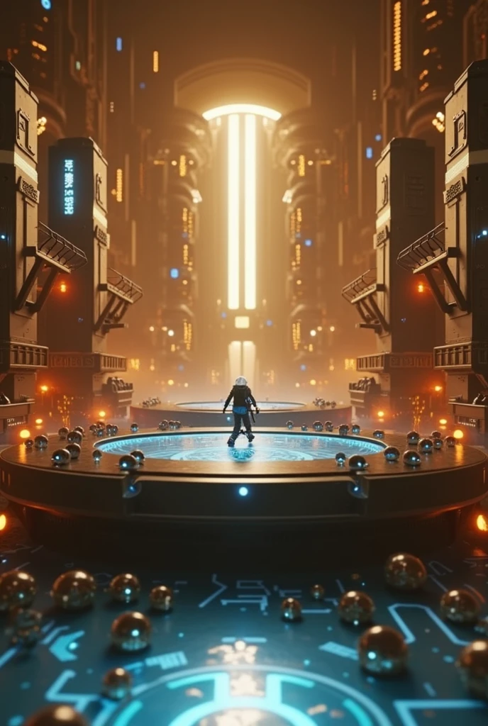 a cyberpunk fantasy landscape, detailed nanorobots, hyper realistic, 8k, intricate machinery, glowing circuitry, holographic displays, metallic textures, moody lighting, neon colors, futuristic architecture, floating platforms, advanced technology, cinematic composition, photorealistic, ultra-detailed, dramatic lighting, vibrant colors, sci-fi, concept art style