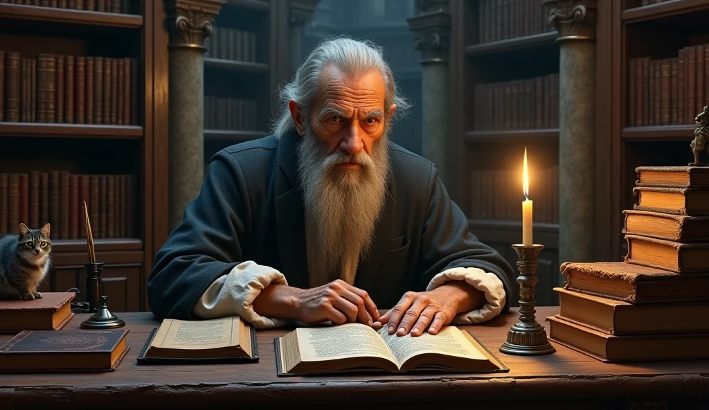 Michel Nostradamus in a temple thinking about a table full of books from his time with a candle and a cat on the table, behind a bookshelf full of books