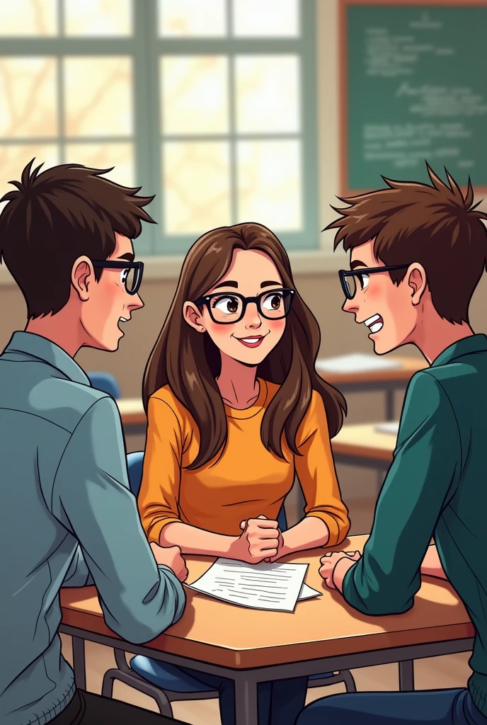 Comic-style illustration of a girl with glasses and two boys talking in a university classroom