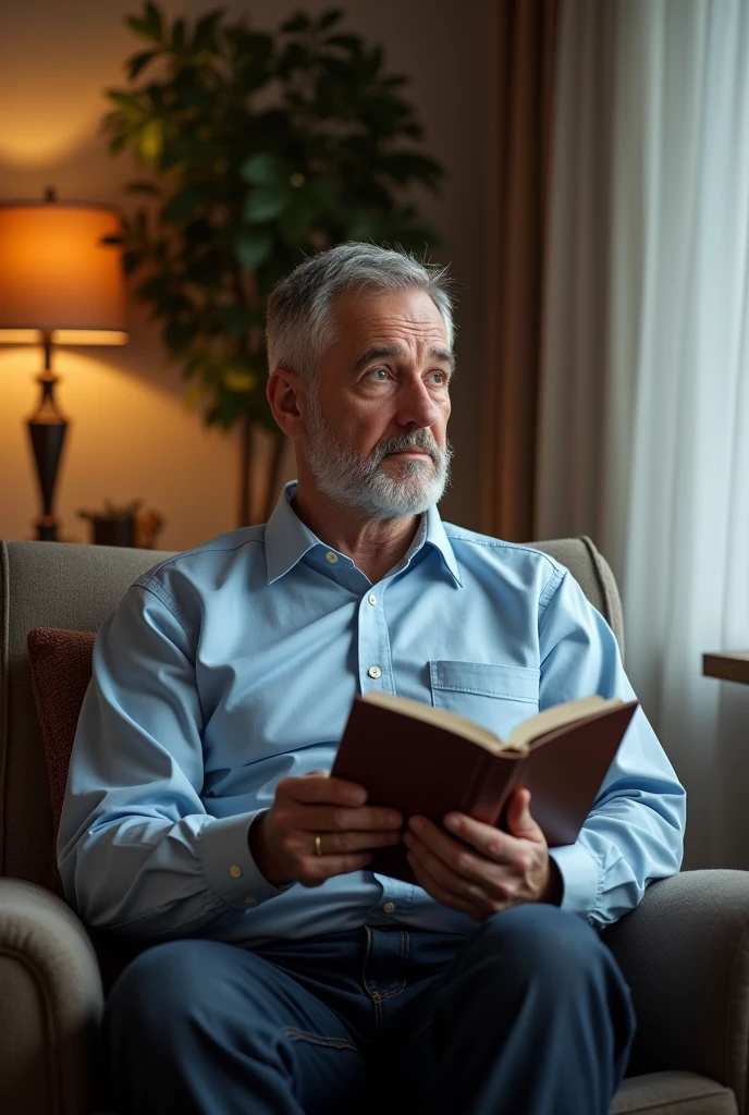 A man of approximately 40 years of age, with short gray hair and a neatly trimmed gray beard. He is about 75 kg, with an average physical constitution. Her skin is white and her face has soft features., but that show life experience. He wears a casual light blue button-down shirt and dark jeans.. In your hands, holds a hardcover book, suggesting that you are a lover of reading. The scenery around you is a cozy living room, with a comfortable armchair and a reading lamp next to it, creating a calm and inviting environment.