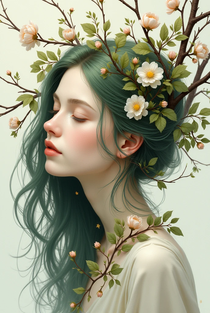 A Fusion of Nature and Human: Draw a figure that represents a human face merging with elements of nature, like leaves, flowers, or vines. The eyes could be closed, symbolizing inner peace, and the hair could flow into tree branches or flowers, representing growth and creativity. This sketch would be symbolic of the connection between humanity and the natural world, cleavage, cleavage, cleavage