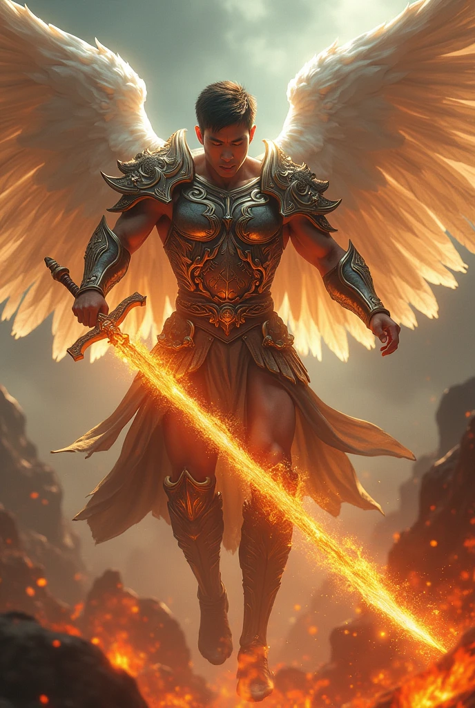 masterpiece, best quality, realistic, ultra detailed, very sexy, very homoerotic, movie poster style, dungeons and dragons, character design, bruneian man with round face, muscular, fashionable dark hair, white angel wings, celestial heavy armor, flying mid-air, dramatic slashing with flaming sword towards camera, god rays, dramatic cinematic lighting, dramatic shadows