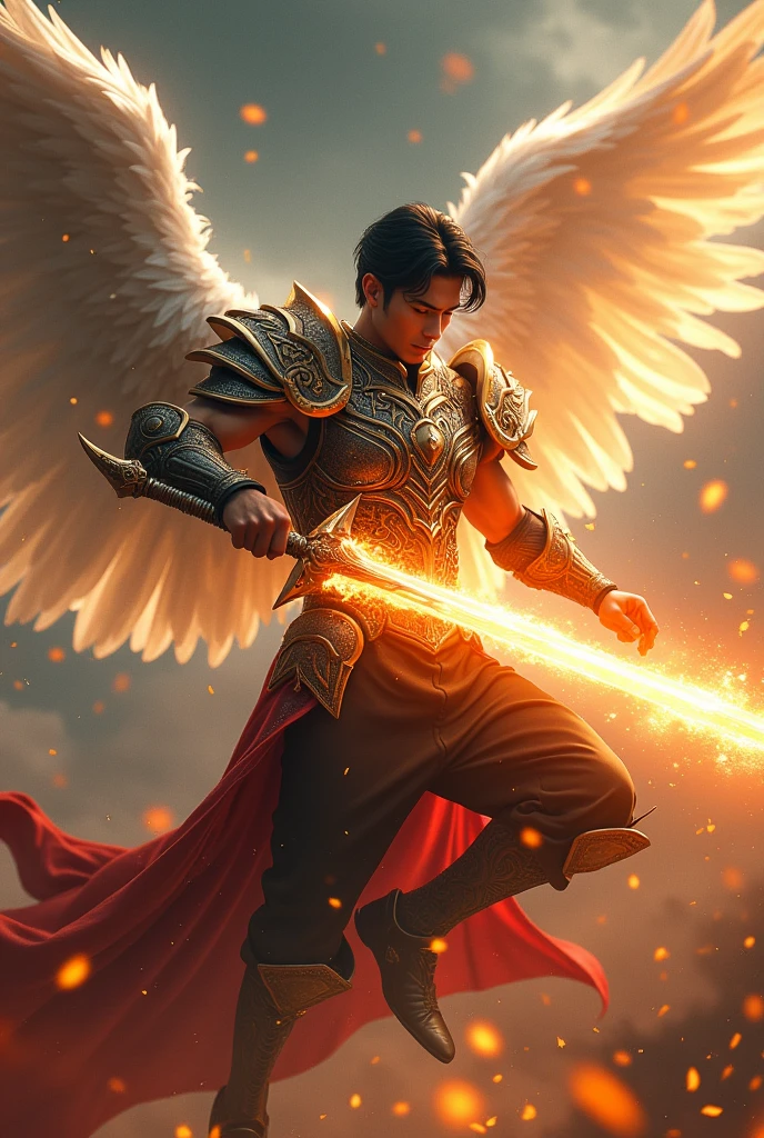 masterpiece, best quality, realistic, ultra detailed, very sexy, very homoerotic, movie poster style, dungeons and dragons, character design, bruneian man with round face, muscular, fashionable dark hair, white angel wings, celestial heavy armor, flying mid-air, dramatic slashing with flaming sword towards camera, god rays, dramatic cinematic lighting, dramatic shadows