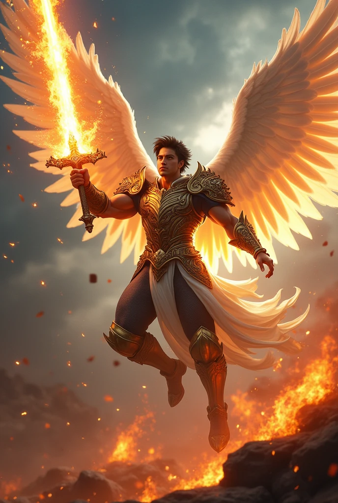masterpiece, best quality, realistic, ultra detailed, very sexy, very homoerotic, movie poster style, dungeons and dragons, character design, bruneian man with round face, muscular, fashionable dark hair, white angel wings, celestial heavy armor, flying mid-air, dramatic slashing with flaming sword towards camera, god rays, dramatic cinematic lighting, dramatic shadows