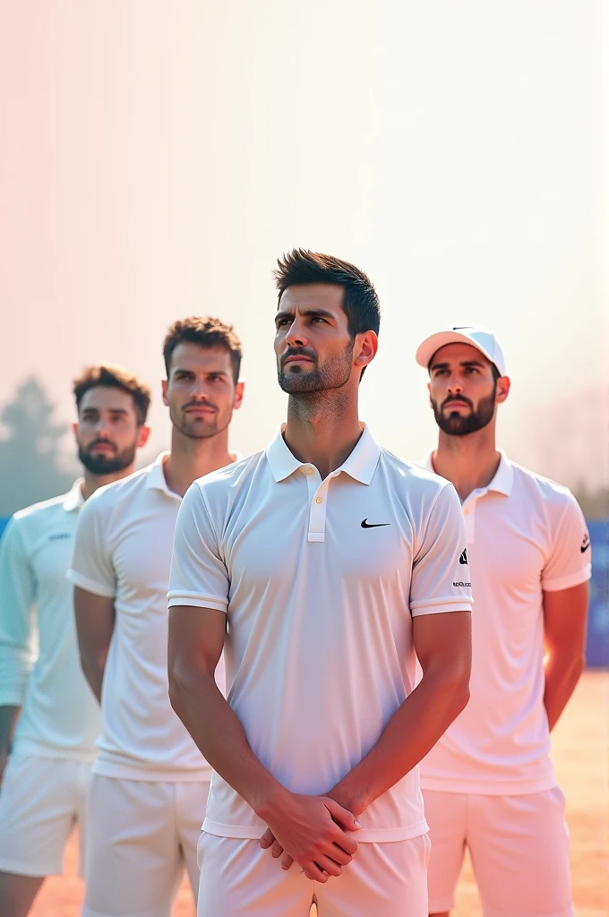 Minimalist square-sized image of Novak Djokovic with Sinner Nadal, Alcaraz and Rublev, playing a game. In the background a tennis court, with soft and pretty colors, and Novak Djokovic&#39;s English phrase: “The winner is the one who believes in victory more”. Let Novak star in the image. 