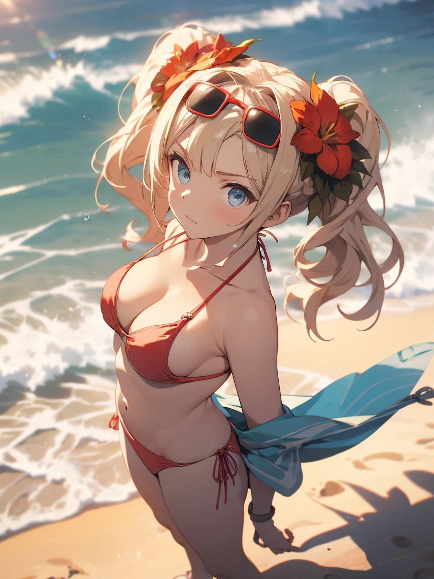 nsfw,( masterpiece), best quality, expressive eyes, perfect face, highres, from above, moody angle, medium breast, full body, solo, 1girl, zetasummer, hair intakes, twintails, hair flower, sunglasses, eyewear on head, red bikini, o-ring, shawl, side-tie bikini bottom, jewelry, bracelet, cleavage, background, beach, ( show off nipple:1.2),( bare breasts, breast exposed:1.3),( pulling bikini down:1.3), portrait, 