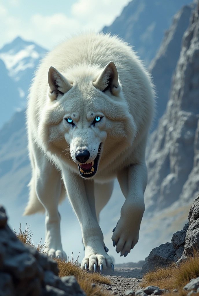 Huge white wolf about to attack with light blue eye