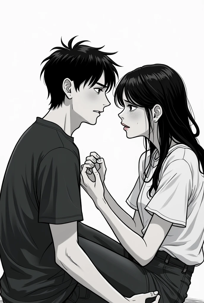 Create Create me a colorless picture, 2d comic drawing, in which the male character is sitting looking at the female character with a caring gaze ,The female character has a face like she&#39;s about to cry and needs to be comforted but doesn&#39;t look at the male character but looks in a different direction.
