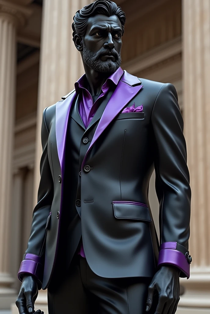 STATUE OF A GREEK GOD IN A BLACK SUIT WITH PURPLE DETAILS
