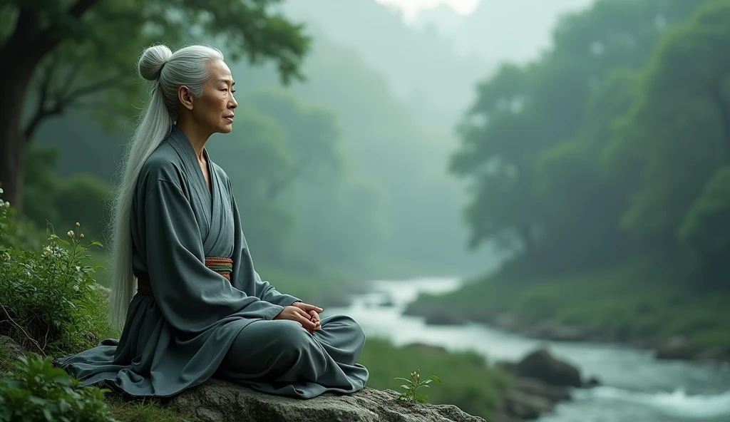 (wide angle shot) , A beautiful middle-aged woman in Asian Taoism, calm face, sitting on a nearby stone, with long white hair, sitting cross-legged, hands on both knees. Taoism, wearing a gray robe, miraculous aura, Taoist master, lush landscape, dark green, forest, fog, river.