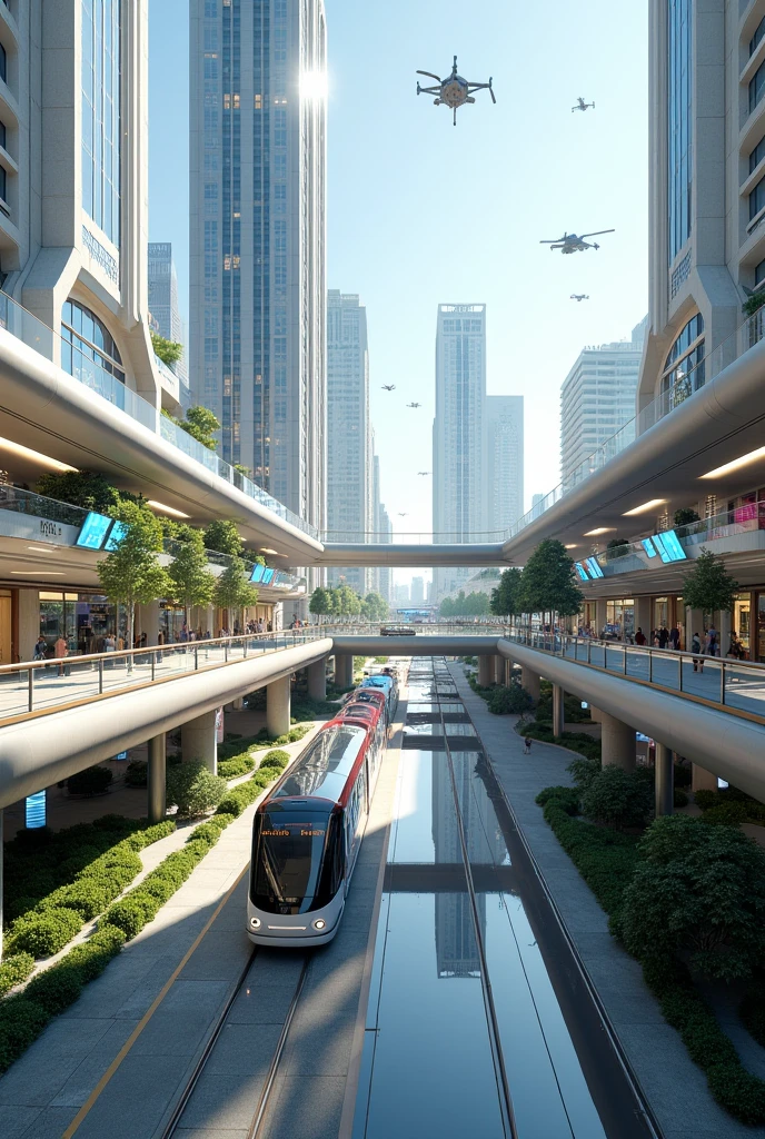 Futuristic smart city transit hub, developed in response to recent advances in autonomous transportation and urban mobility solutions. The hub is designed with sleek, modular stations that feature autonomous electric buses, high-speed trains, and aerial drone taxis. The architecture includes integrated digital wayfinding systems and real-time traffic management displays. Smart pathways and interactive information panels guide commuters efficiently, while green spaces and community areas promote relaxation. The transit hub incorporates sustainable materials and energy-efficient lighting, reflecting a commitment to reducing urban congestion and environmental impact. The scene should be captured in high resolution (4K or higher), showcasing a comprehensive view of this advanced transit center and its role in shaping the future of urban transportation