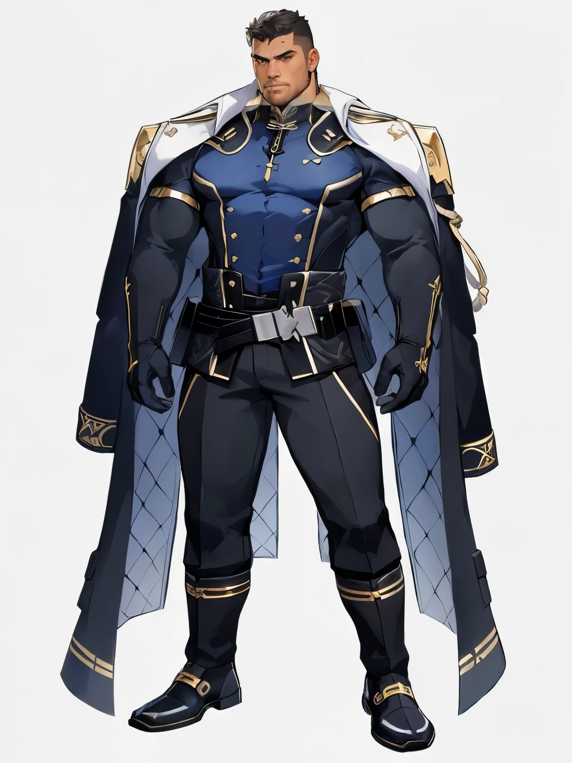 Masterpiece, Best Quality, Ultra-Detailed, 1man, solo, male, manly male, rugged, strong, bara, jock, stud, bear, short hair, black hair, wide jaw, a close up of a person in a man with a cape, genshin impact character, ( ( character concept art ) ), gilded black uniform, cyborg nobleman, best anime character design, official character art, casimir art, detailed full body concept art, picture of a male cleric, white background