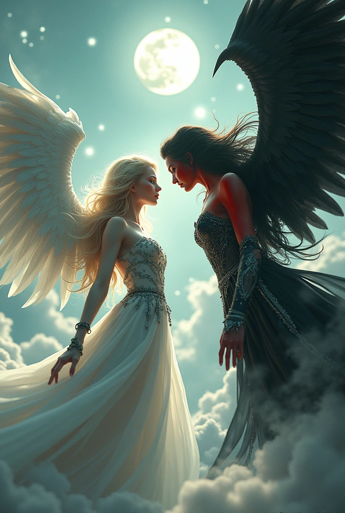 (highest quality, masterpiece, High resolution), 16K, fantasy art, RPG art a picture of (((1 female:1.8))), BREAK a (((1female Angel: 1.9))) , wearing intricate dress glam dress, ((black dress: 1.3)) pale skin, best details beautiful face , (blonde: 1.2)  hair, long hair vy hair  (green: 1.1) eye, High heelsブーツ,  large Angelic wings, (white: 1.2) angelic wings spread BREAK ((and))  a (1female demon: 1.3), (red: 1.4) skin, Devil&#39;s Wings, (black: 1.1) Devil&#39;s Wings spread, Devil horns, (red: 1.1) skin, black hair, red eye, best details beautiful face, wearing a intricate dress glam dress, ((white dress: 1.3)), High heels, in the border between heaven and hell, moon, stars, cloud, god rays, soft nあturあl light silhouette, dynamic angle,  Photorealism, panoramic view (Masterpiece 1.3, intense details) , Wide-angle, ultra-wide