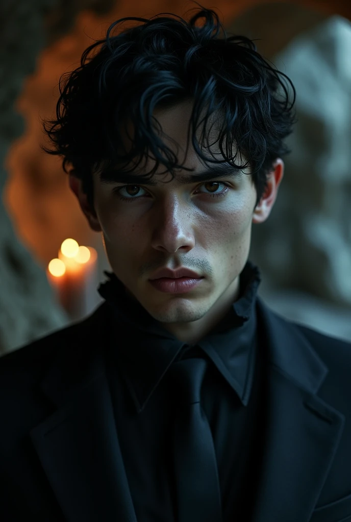 photograph of a 25 year old young man, (grim facial expression), Textured light skin, shiver, black colored hair, black eyes, usando um terno preto, dark and mysterious cave with unique rock formations and hidden wonders, perfects eyes, (candle light,Bright dark), Support 160 colors.