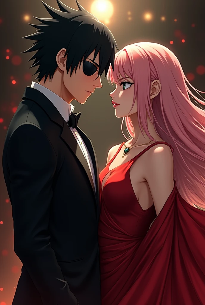 Sasuke Uchiha with a dark hair eye patch and black eyes and a stylish black suit hugging Sakura Haruno with her long light pink hair and green eyes wearing a red dress, both dressed in elegant clothes as if they were from the mafia and staring at each other