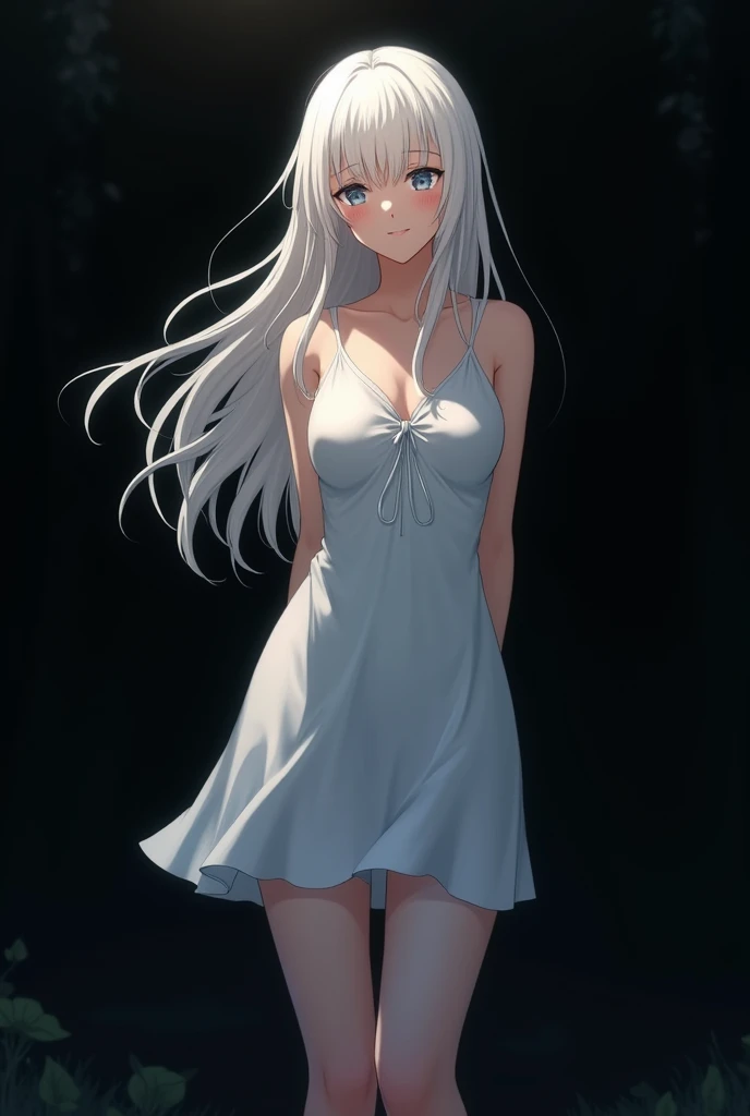 The image is in the style of a Ghibli studio anime., It features a 20-year-old albino adult woman.. She is standing with her back to a black wall, She has long hair and red eyes. Shown with a smile. She has a white dress that reaches her knees.. strong thighs.