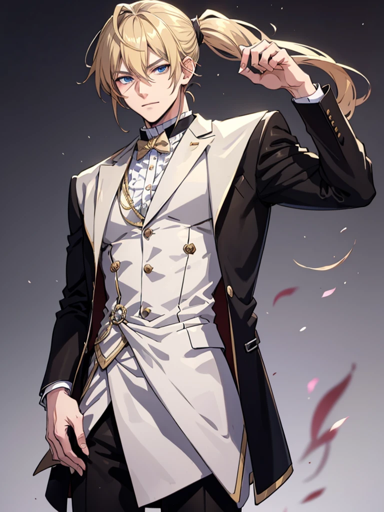 Anime attractive man, 20 year old, blonde hair, very very short ponytail, tall, muscular, black suit, silver lining, formal clothes, solo, one person, high resolution, high quality, masterpiece, masculine face, smirk.