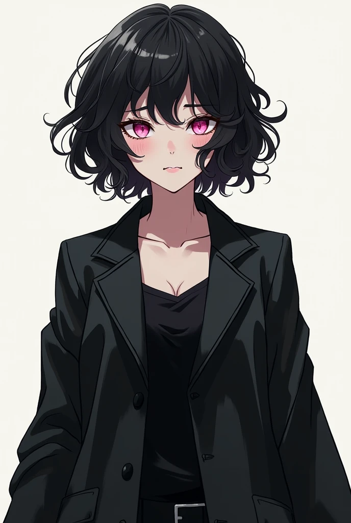 Short curly hair girl, pink eyes, White skin, black hair, black long-necked jacket that covers it completely, strong and with a feeling of confidence, black hair and an anime drawing style