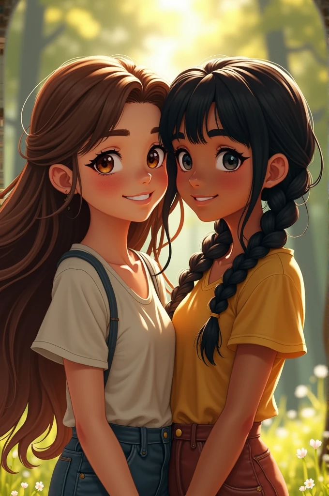 Two best friends, one tall with long brown hair and brown eyes and the other with black hair and black eyes with two braids and bangs