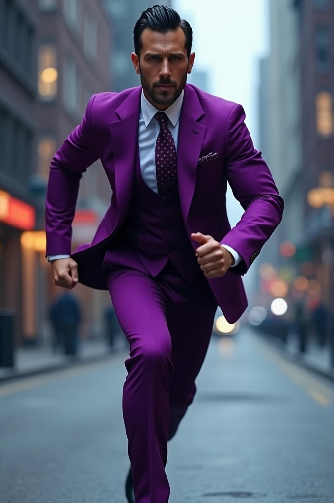 Man in purple suit running 