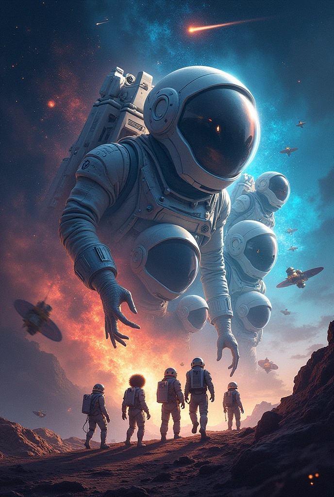 Create a poster with space satalites aliens and astronaut aliens with astronauts with wordings writen as national space day ☄️🚀🛰️👽