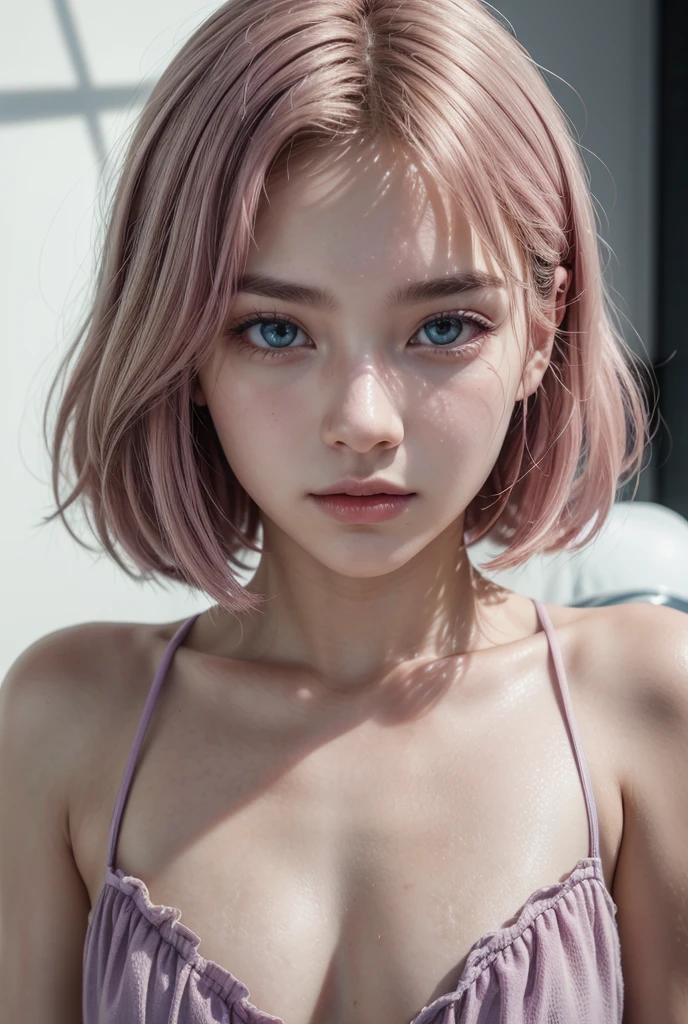 create an image with two characters a young white and athletic man, his eyes are green, his hair is pink, straight and short, his face is round and beautiful, his eyes are sexy and bright, his lips are thick, he has an Italian nose , her cheekbones are well defined and soft, her skin shines and is a young adult girl with transparent pink butterfly wings, purple and straight hair, her face is round and with Korean features, both are blindfolded and with chains holding them, body all