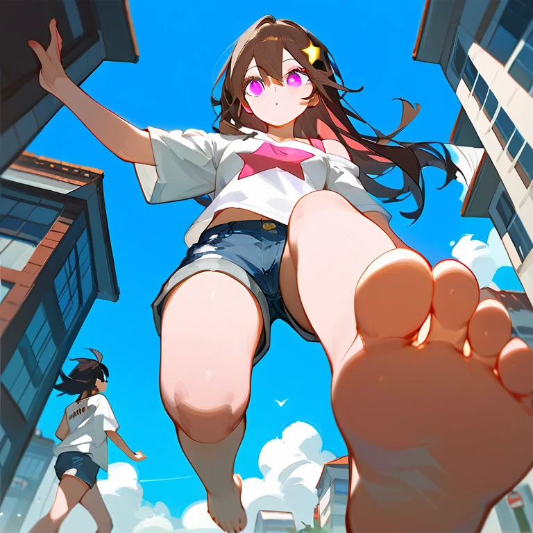 Fraction_9,Fraction_8_Direction_7_up,1个女孩露出脚Low Angle，One-leg stand，barefoot，Female Giant，Many buildings around，Low Angle，Denim shorts，There are bangs between the eyes，Off-shoulder T-shirt，Long hair，Dark brown haive-pointed star on hair，Perfect feet，Pink Eyes，Low Angle，There are many little people running on the ground，