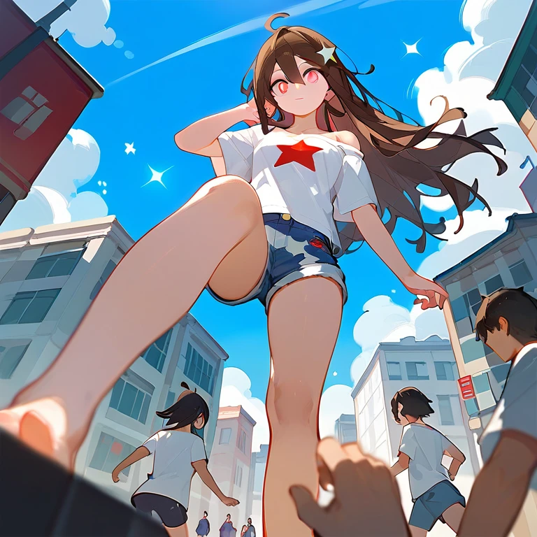 Fraction_9,Fraction_8_Direction_7_up,1个女孩露出脚Low Angle，One-leg stand，barefoot，Female Giant，Many buildings around，Low Angle，Denim shorts，There are bangs between the eyes，Off-shoulder T-shirt，Long hair，Dark brown haive-pointed star on hair，Perfect feet，Pink Eyes，Low Angle，There are many little people running on the ground，