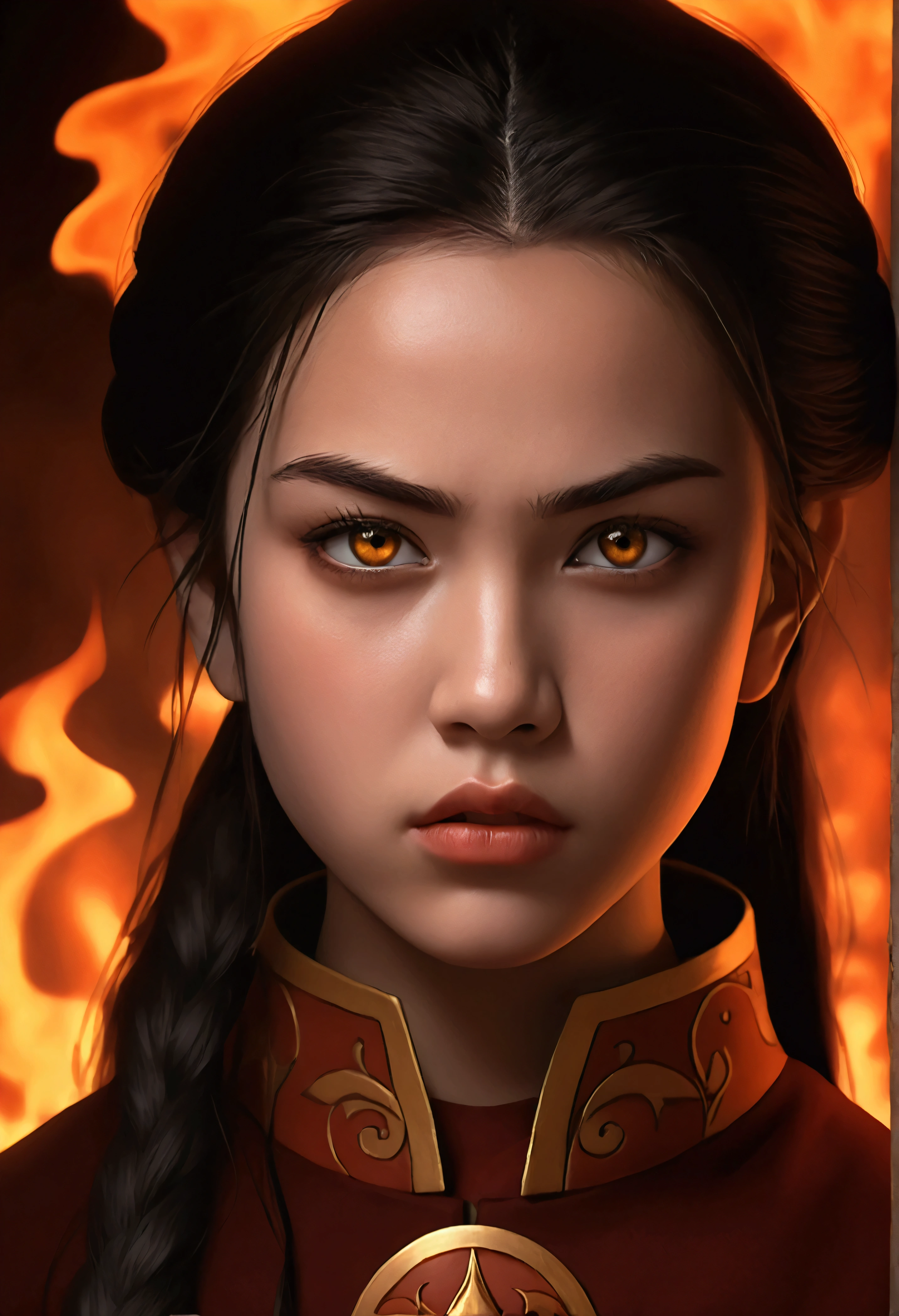 a young girl,beautiful detailed eyes,beautiful detailed lips,extremely detailed eyes and face,long eyelashes,1girl, dark hair,fire nation princess outfit,angry expression,dramatic lighting,dark fantasy,moody colors,cinematic lighting,fantasy,highly detailed,digital painting,concept art,vibrant colors,studio lighting,dramatic pose,powerful,dynamic composition