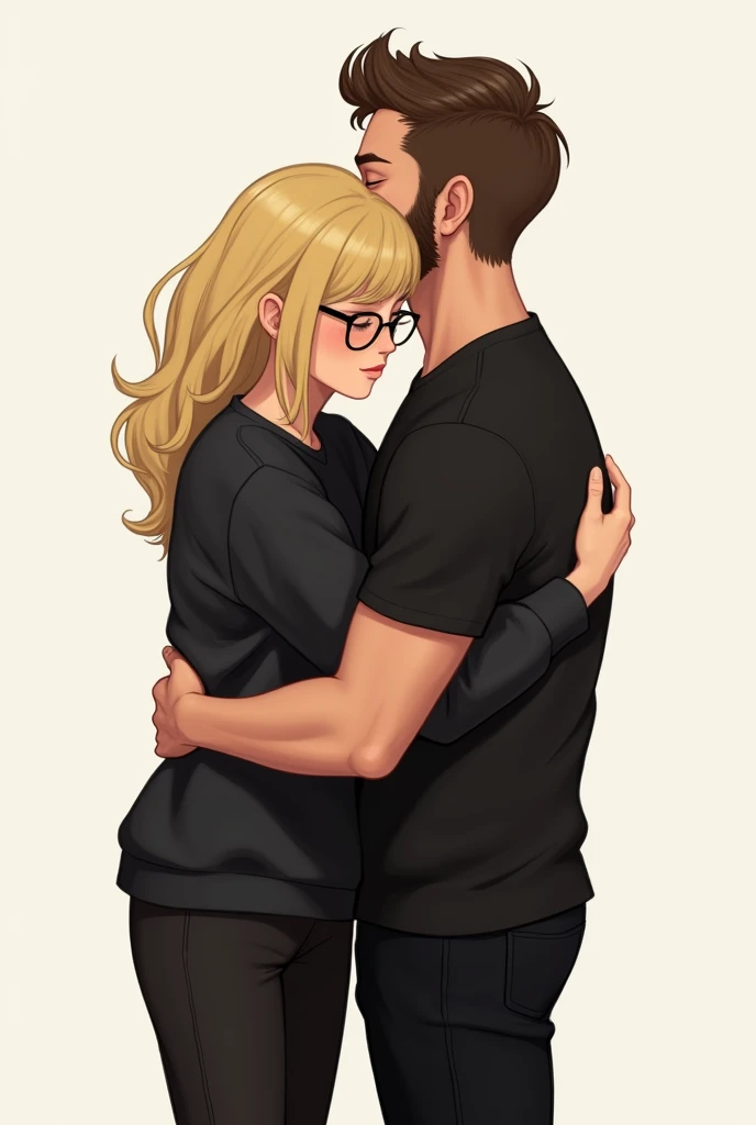 A blonde woman with glasses wearing black pants and a black sweatshirt hugging a man with a brown beard wearing black pants and a black short-sleeved shirt