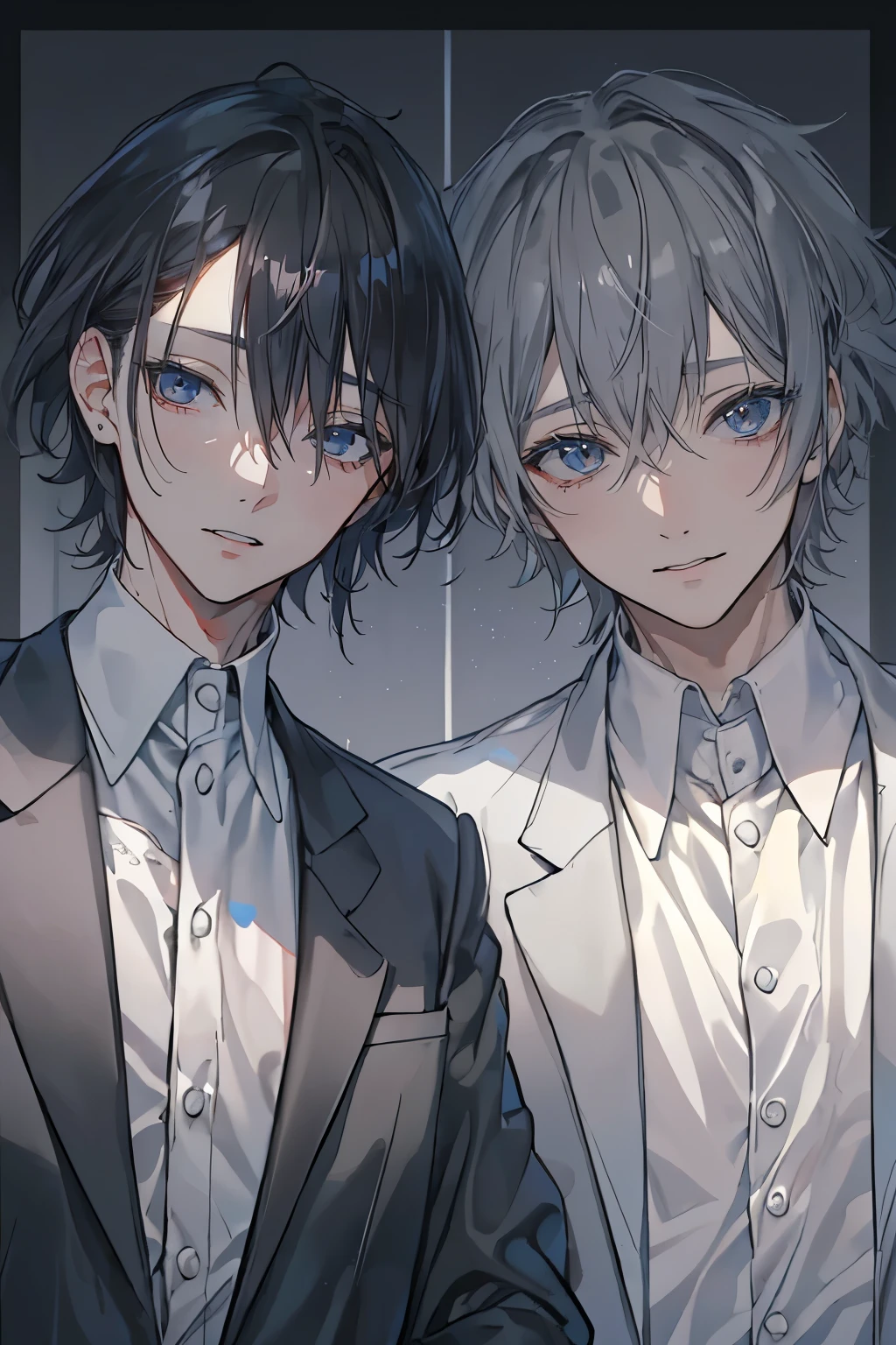 (Mastepiece)、(Best Quality)、Very detailed、((Two friendly men:1.4))、Perfect Face、Beautiful Face、Very detailed顔、(Black-haired man:1.3)、(Grey-haired man:1.3)、shirt、suit