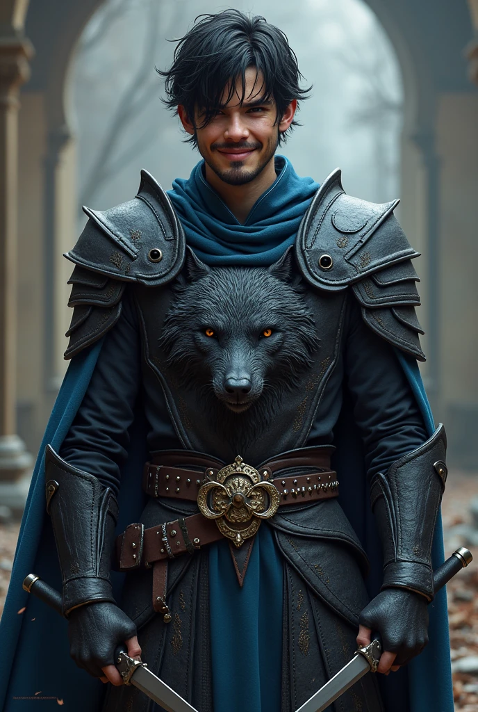 Create a king with a mischievous smile, 23 year old, With a thin body, with black and blue leather armor with a wolf printed on it. short black hair, scruffy beard, holding a dagger in each hand.