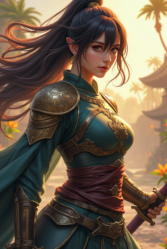 A gracefully fierce Japanese anime warrior, wielding a gleaming sword and shield, exudes strength and elegance in an exotic art style. This stunning image captures the essence of a powerful female character, rendered in intricate detail and vibrant colors. The artist's skill shines through in the meticulous depiction of flowing hair, intricate armor, and determined expression. This digital painting is a true masterpiece, showcasing the beauty and power of the subject in a dynamic and captivating way.