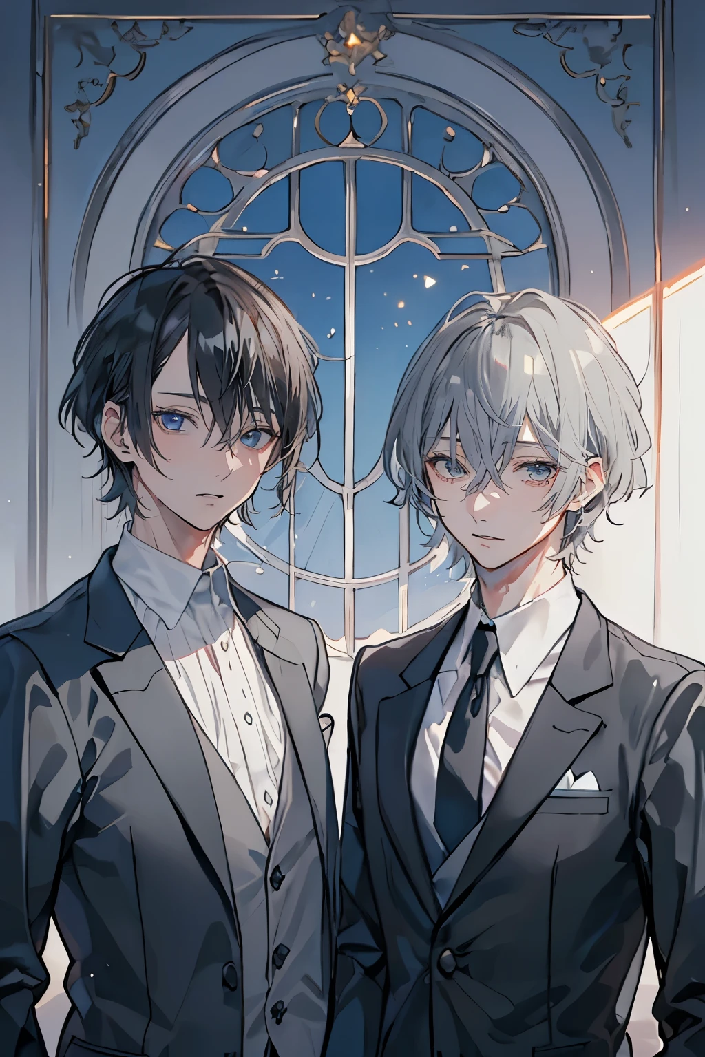 (Mastepiece)、(Best Quality)、Very detailed、((Two friendly men:1.4))、Perfect Face、Beautiful Face、Very detailed顔、(Black-haired man:1.3)、(Grey-haired man:1.3)、shirt、suit