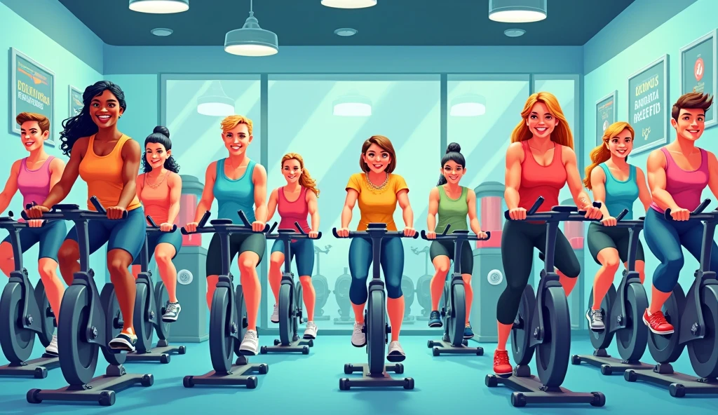 Cartoon Style，there are many people on exercise bikes in a 健身房