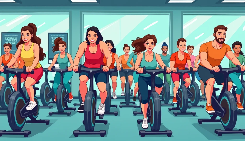 Cartoon Style,there are many people on exercise bikes in a 健身房