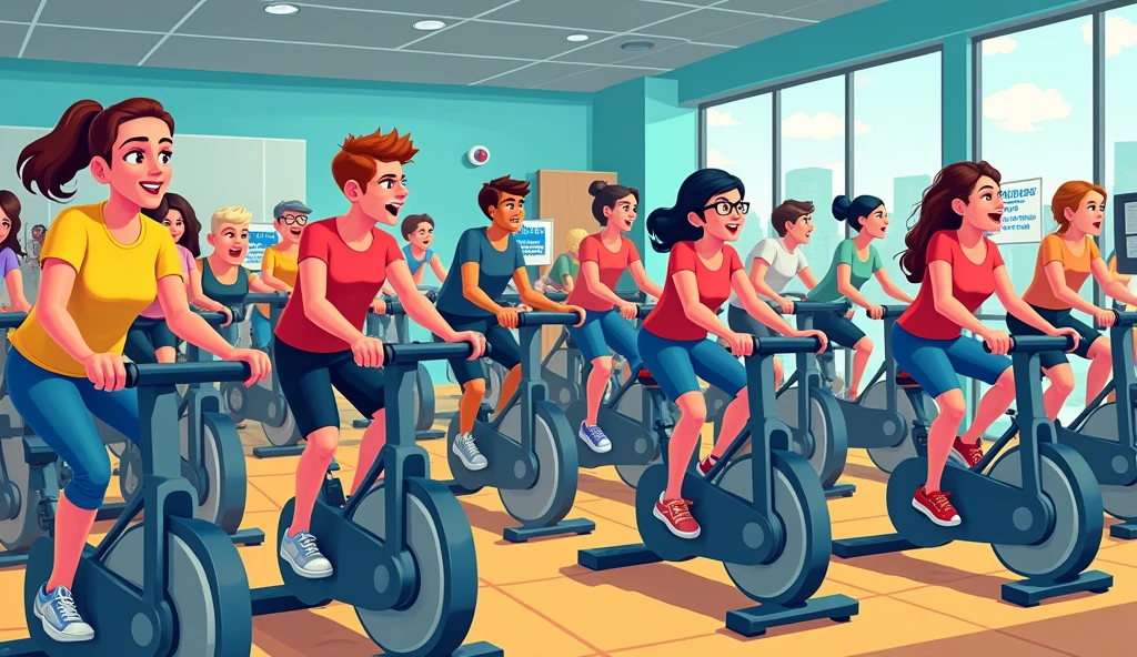 Cartoon Style，there are many people on exercise bikes in a 健身房