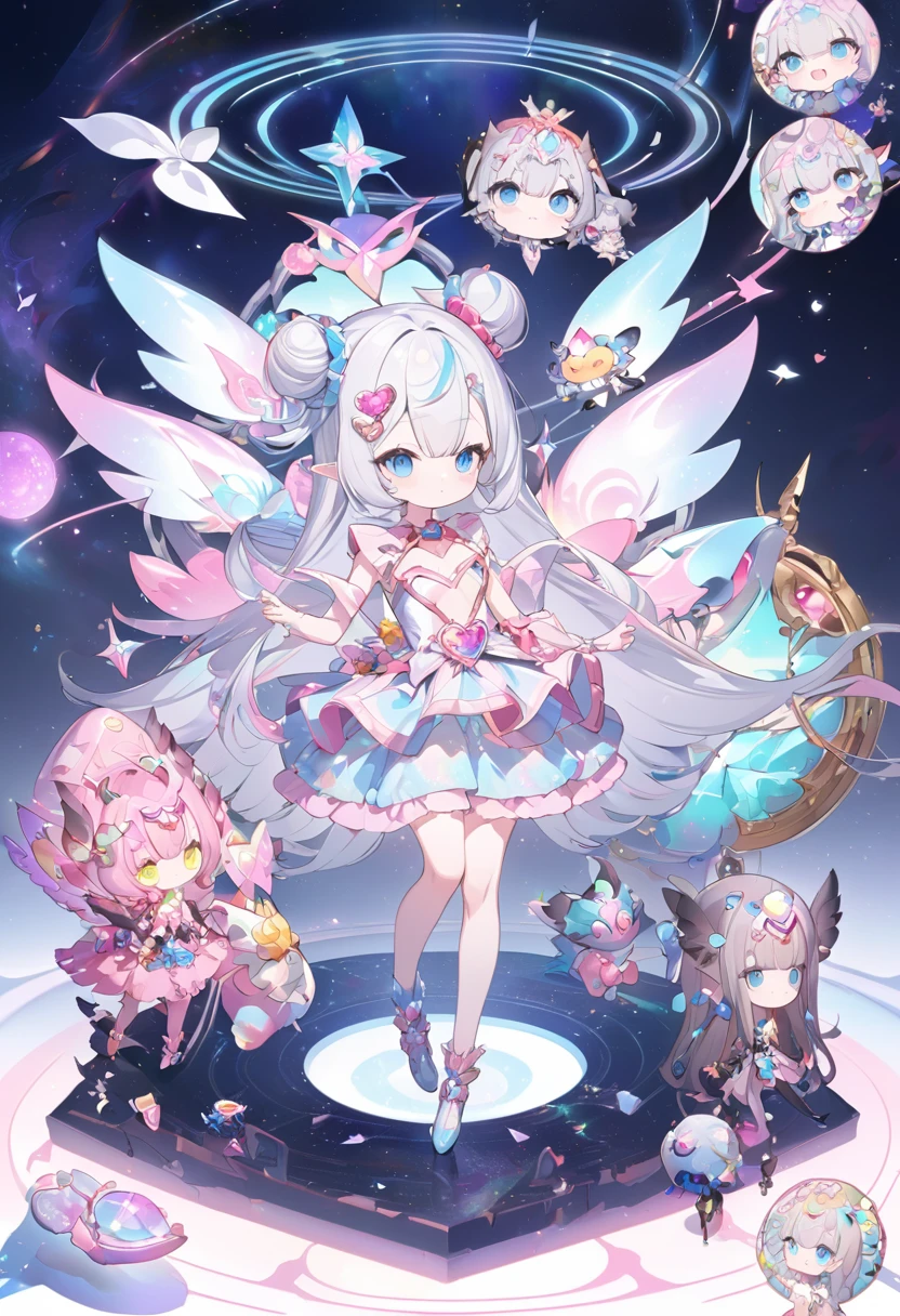 fantasy world that combines flower-punk and gem-punk, kawaii, cute magical girl, silver two side twin bun silky straight with blunt bang, cute lazy look, blue big eyes, glamorous proportions, wearing magical girl costume with a large opening at the chest, background distorted space from another dimension, cute little devils, conceptual installation art, (ultra detailed, absolutely resolution, best quality:1.3), 2.5D, delicate and dynamic effects, foggy filter effects, iridescent glitter effects, artistic, hyper, graphic CG digital fantasy art