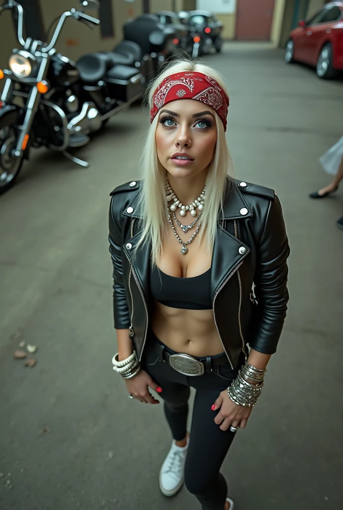 russian milf woman, biker gang member, platinum blonde hair (straight, middle part) with bandana headband, with very light blue eyes, extremely pale. Wearing cropped black moto jacket, push up bra bra, leopard print leggings and white tennis sneakers . Lots of metallic bracelets and lots of white pearl collars.Hands in hips. Wide loop earrings. Looks up, overwhelmed: she tinks God is speaking to her