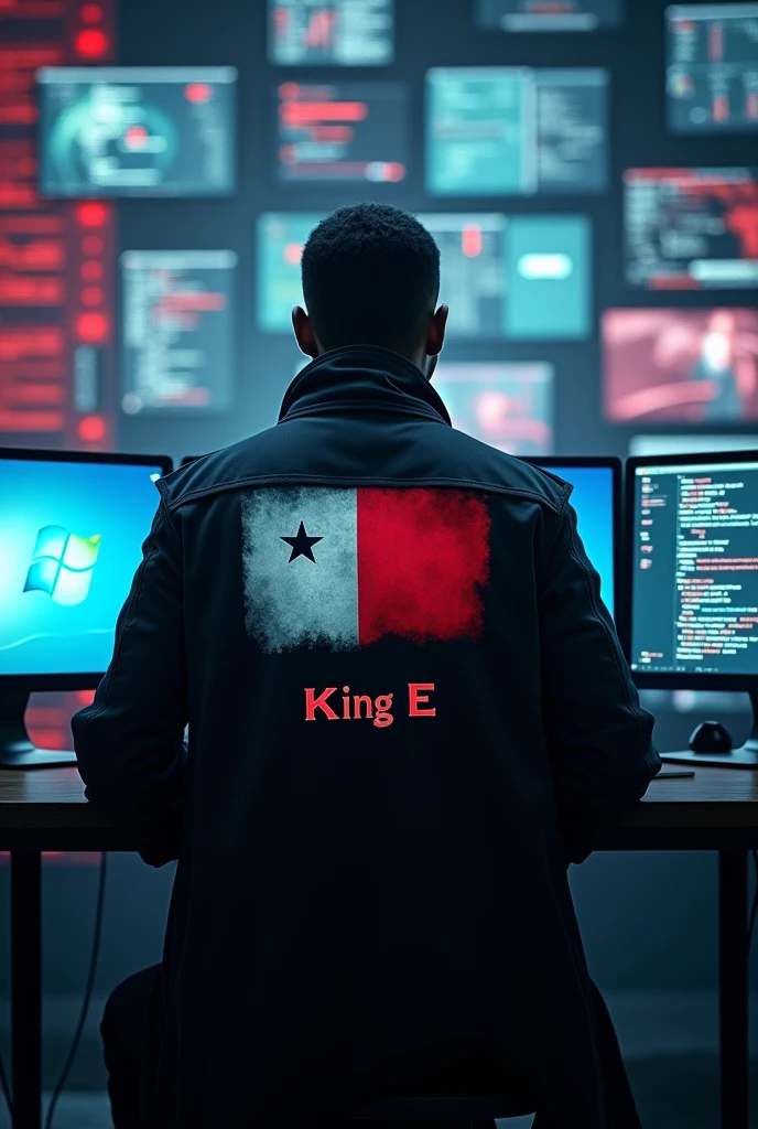 Man sitting with his back to many monitors wearing a hacker coat with the Panama flag on the back with the name written on it "KING E