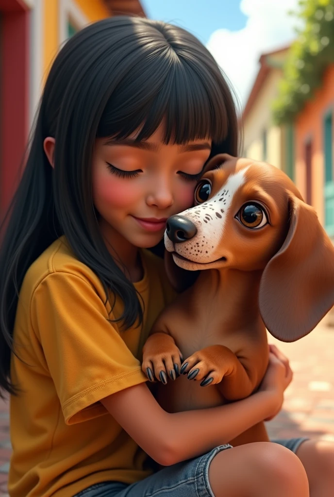 from this platform: "There is a small dachshund that has many white freckles on its nose and mouth., She has a light brown body and a teenager who is hugging her, straight black hair and brunette in Guaranda Ecuador