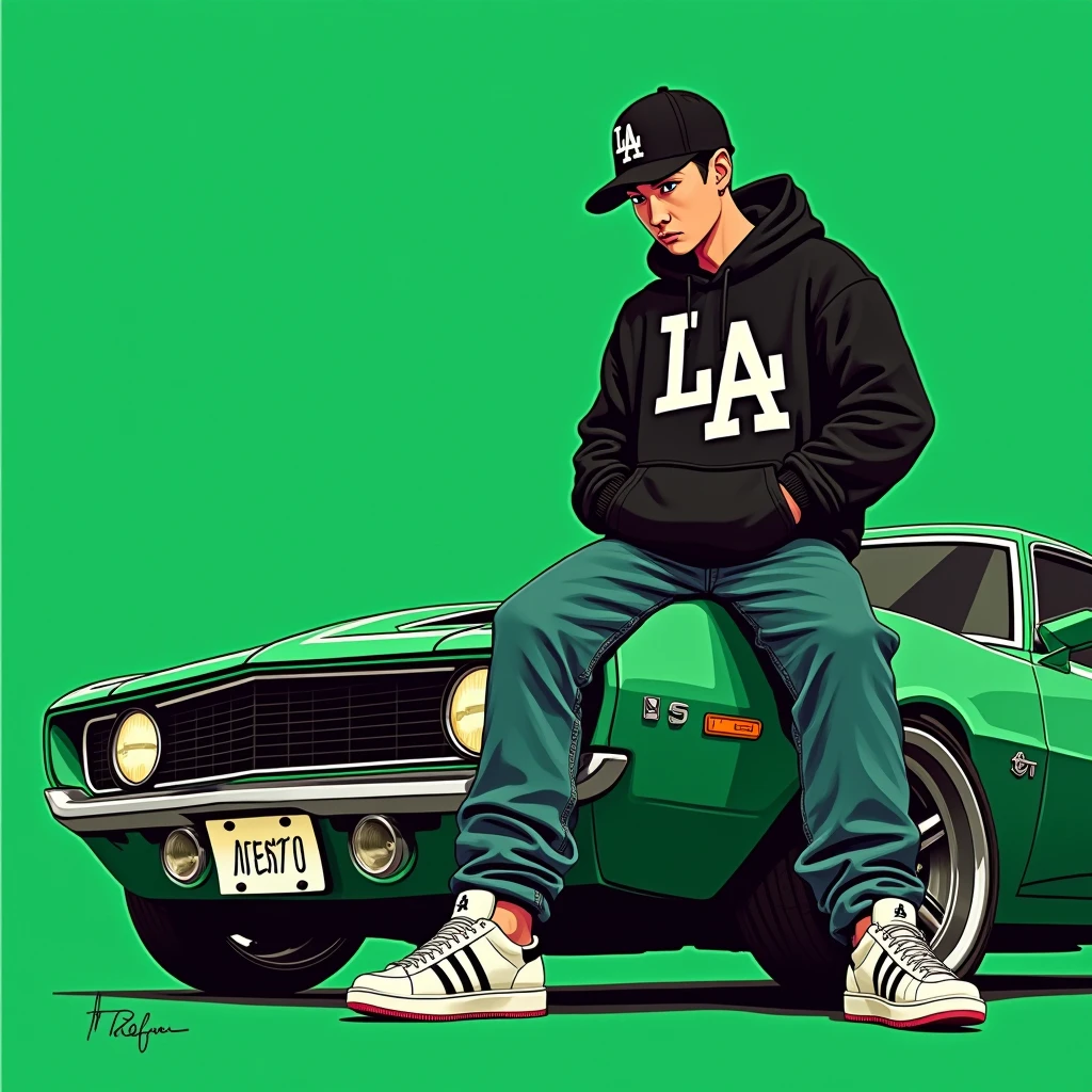 G-FUNK Hip Hop album cover, green background, green car, with the words If WONA behemes a gangster on the back of the picture, an Asian teenager wearing a black LA hoodie, a black LA ball cap with a deep press and a wide pair of jeans down, a troublemaker boy sits on the bonnet of a car and lets the car out to the side