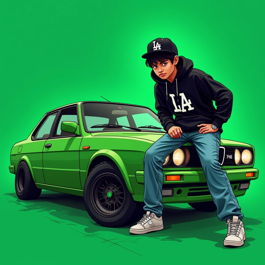 G-FUNK Hip Hop album cover, green background, green car, with the words If WONA behemes a gangster on the back of the picture, an Asian teenager wearing a black LA hoodie, a black LA ball cap with a deep press and a wide pair of jeans down, a troublemaker boy sits on the bonnet of a car and lets the car out to the side